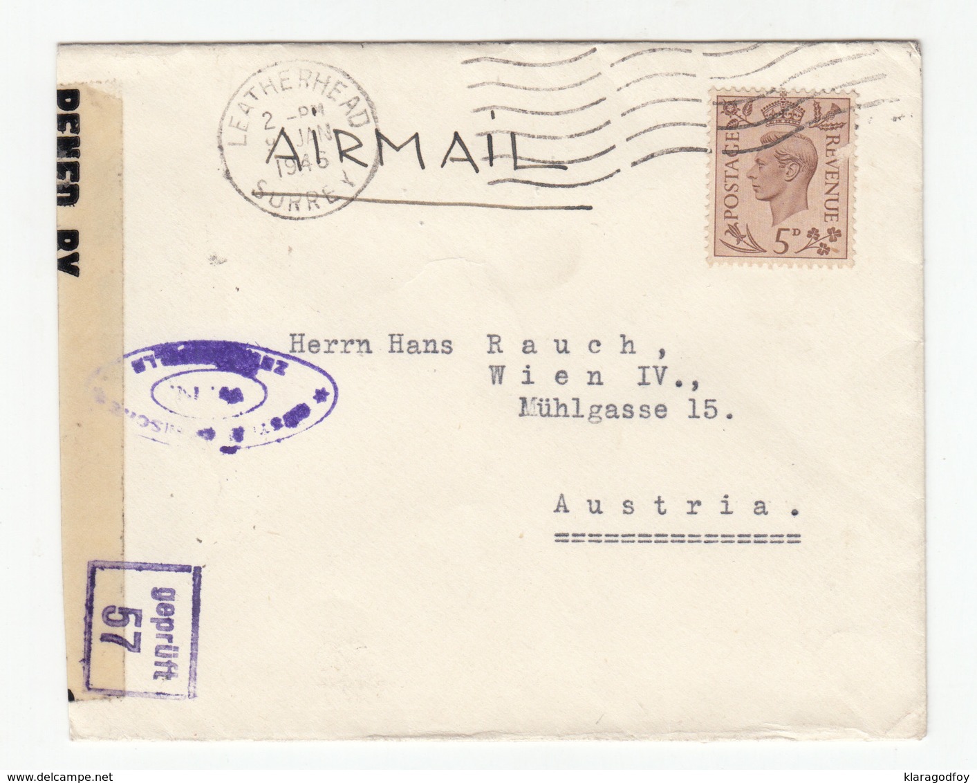 Great Britain Letter Cover Posted 1946 Leatherhead To Austria - CENSORED B191201 - Briefe U. Dokumente