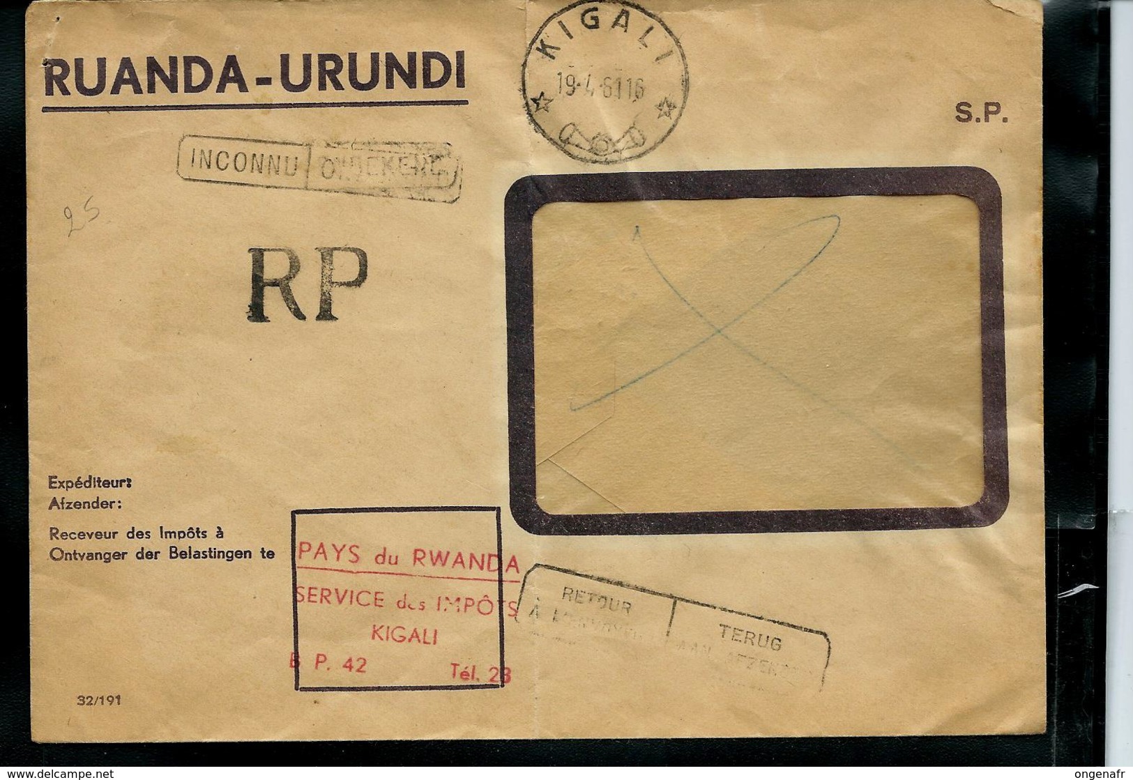 Lettre En Franchise De KIGALI 19/04/61 Vers Ruhengeri 21/04/61 (griffe: Inconnu Et Retour à L'envoyeur) - Lettres & Documents