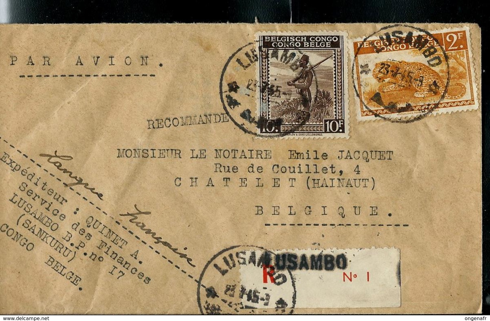 Lettre Avec N° 240 - 245  Obl. LUSAMBO En Recommandé Du 23/07/45 Pour Chatelet (Be) - Lettres & Documents