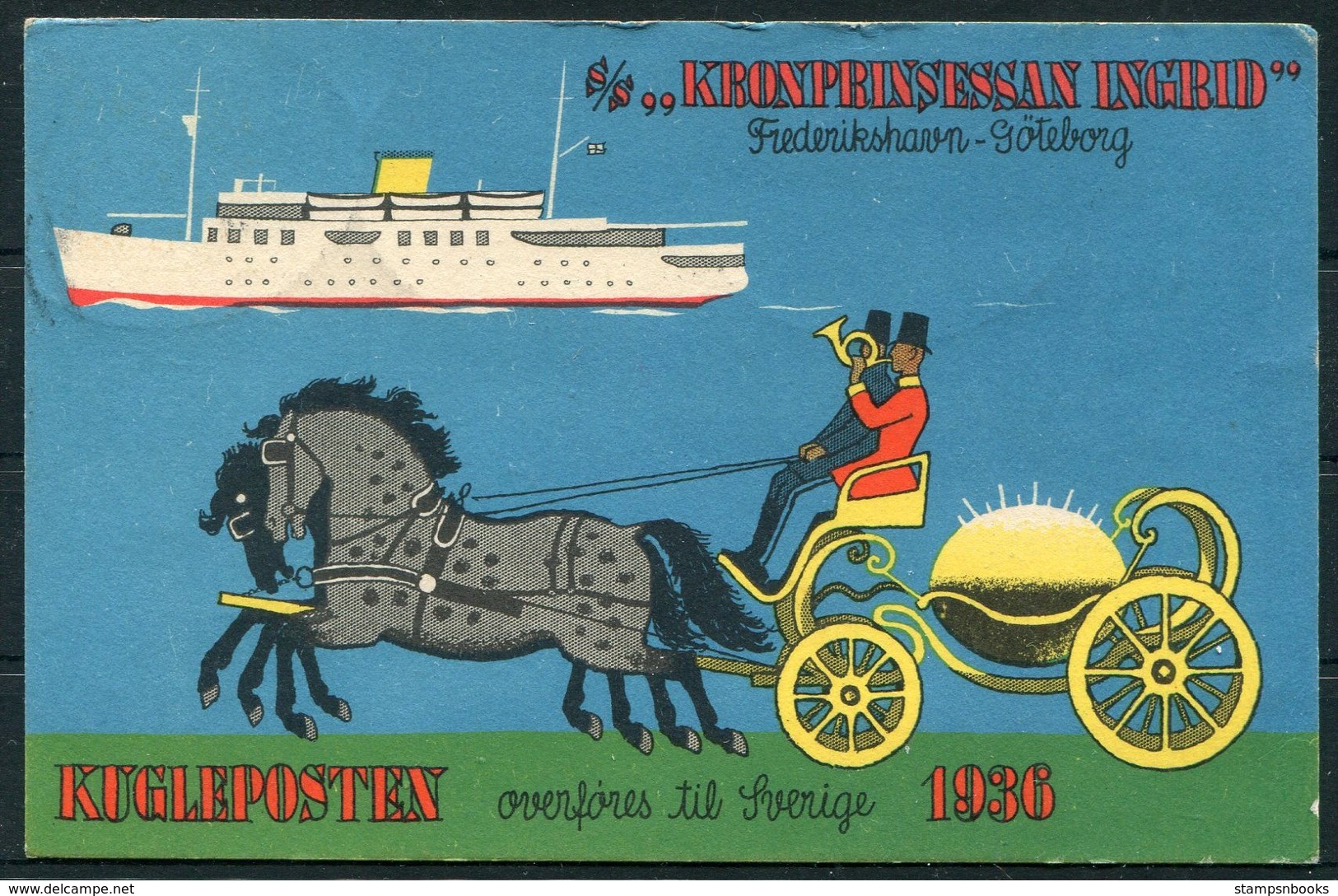 1936 Denmark S/S KRONPRINSESSAN INGRID Ship Postcard. Kugleposten Frederikshavn - Goteborg. HC Andersen Mermaid - Storia Postale