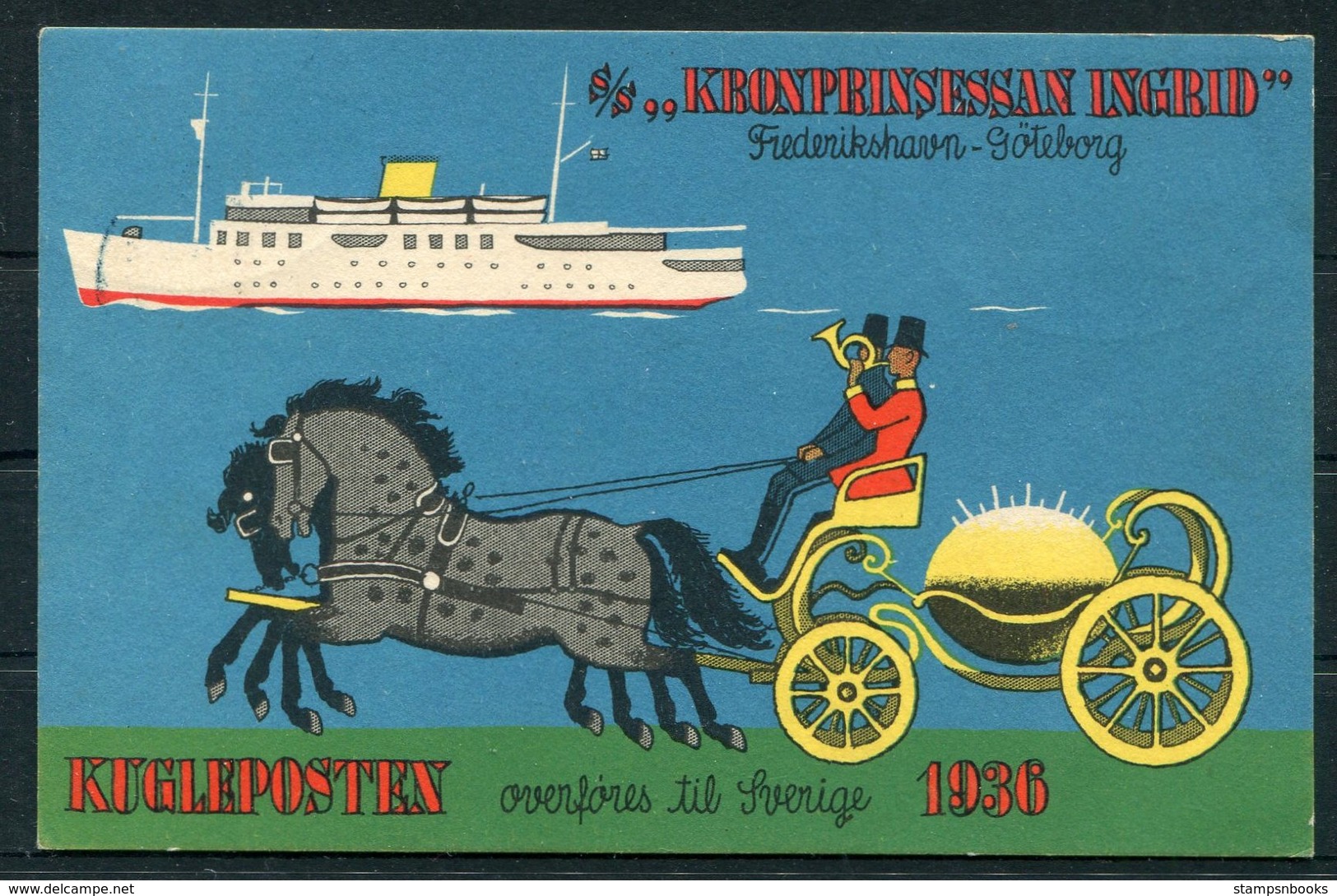 1936 Denmark S/S KRONPRINSESSAN INGRID Ship Postcard. Kugleposten Frederikshavn - Goteborg. HC Andersen - Storia Postale