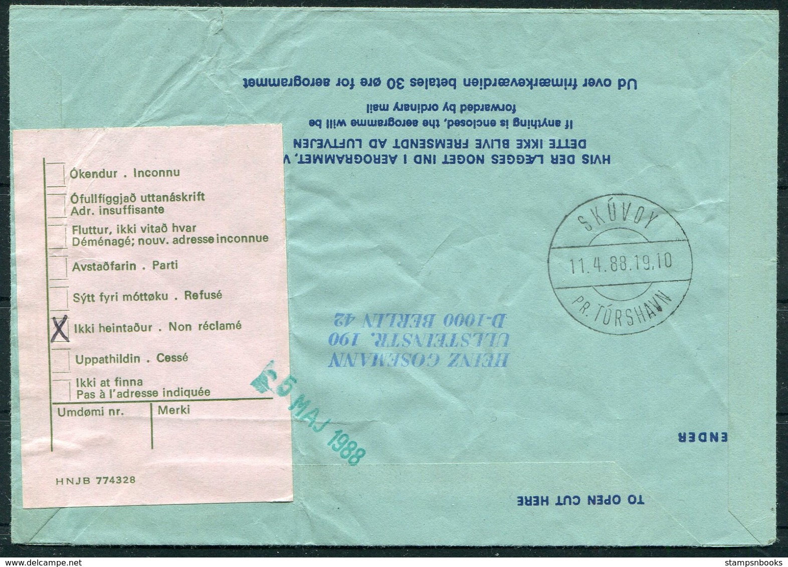 1988 Denmark HC Andersen Stationery Aerogram. Odense - Skuvoy Thorshavn Foroyar Faroes Retour - Covers & Documents