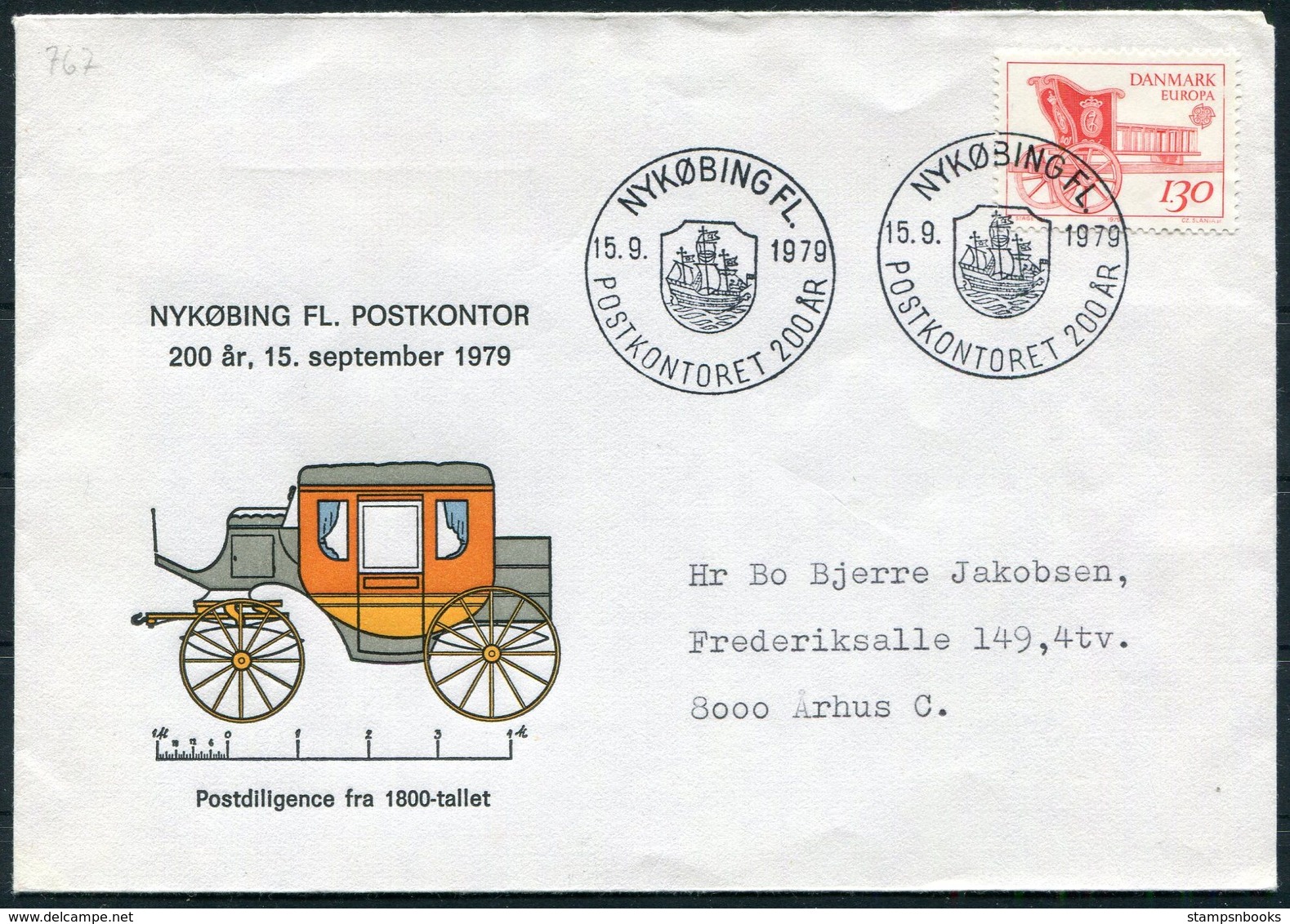 1979 Denmark Nykobing FL Postkontor 200th Anniversary Mail Coach, Ship Cover. Europa Slania - Covers & Documents