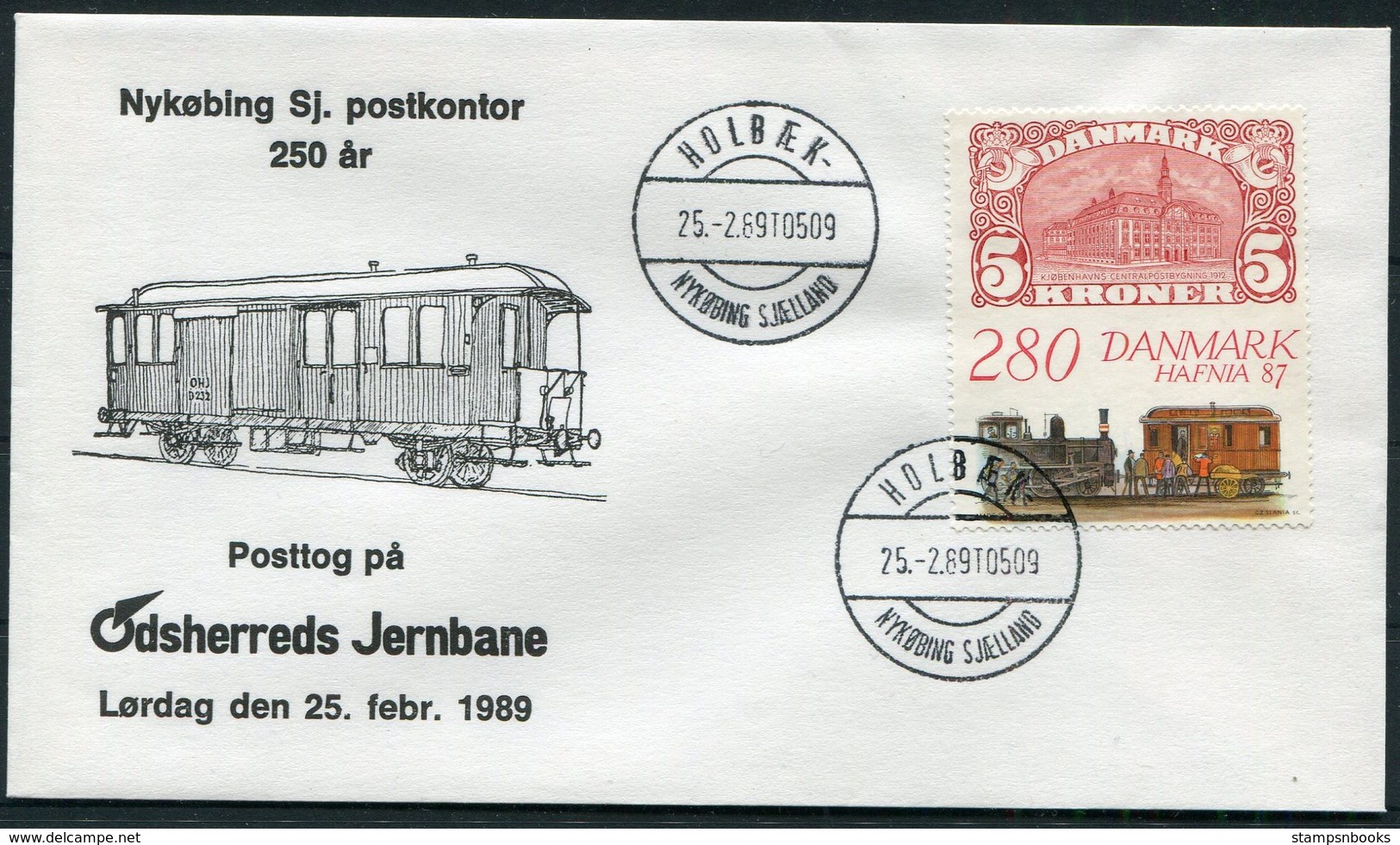 1989 Denmark Holbaek, Nykobing Sj. Postkontor Railway Train Jernbane Hafnia Cover - Storia Postale