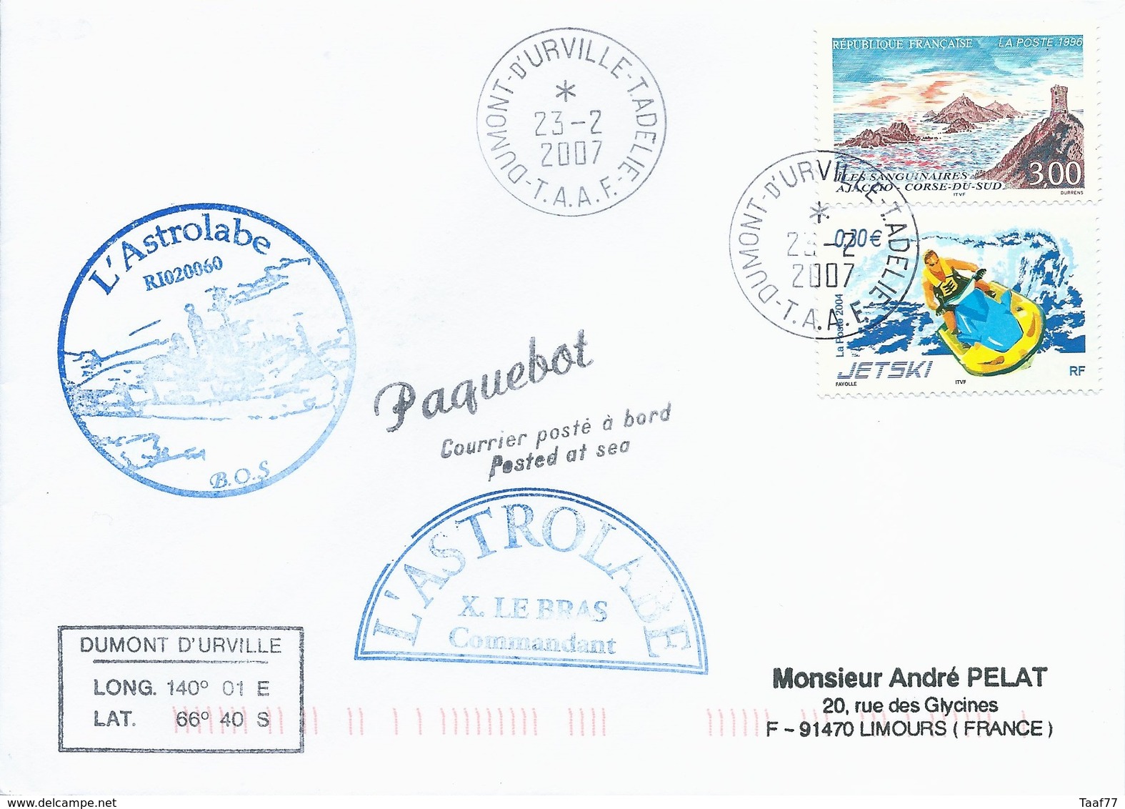 TAAF - Dumont D'Urville-T.Adélie: Lettre "L'Astrobale" Avec France N°3019 Iles Sanguinaires Et 3698 Jetski - 23/02/2007 - Lettres & Documents