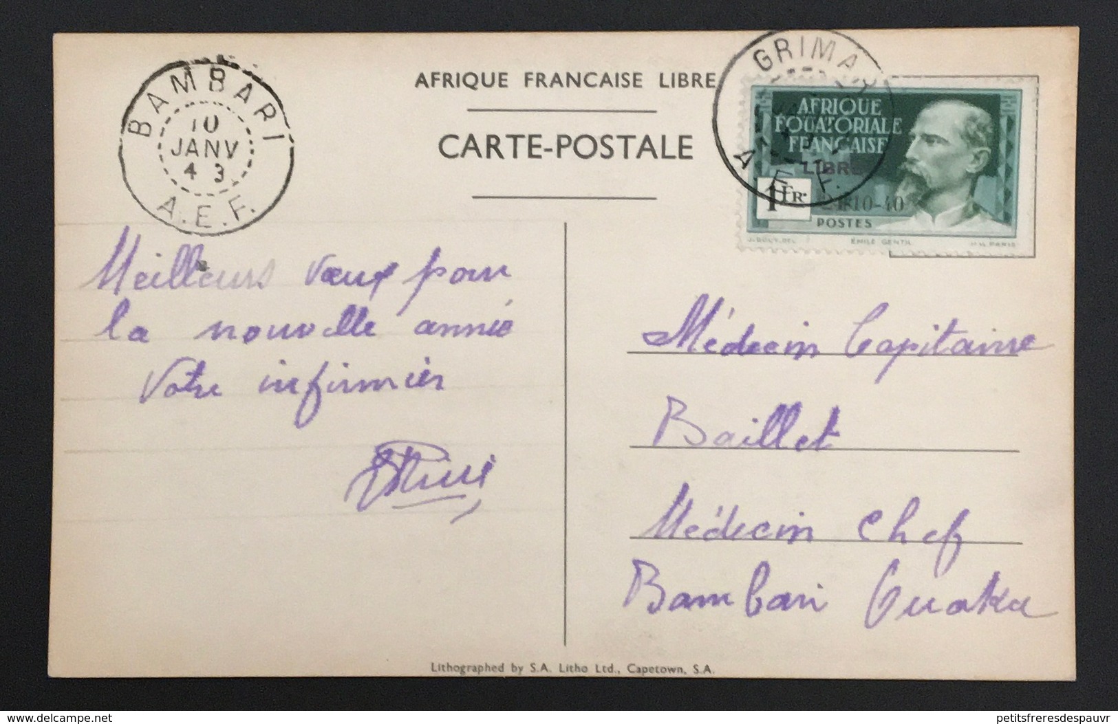 FRANCE 1943 - Yvert 140c - CP Envoyée à Bambari - Lettres & Documents