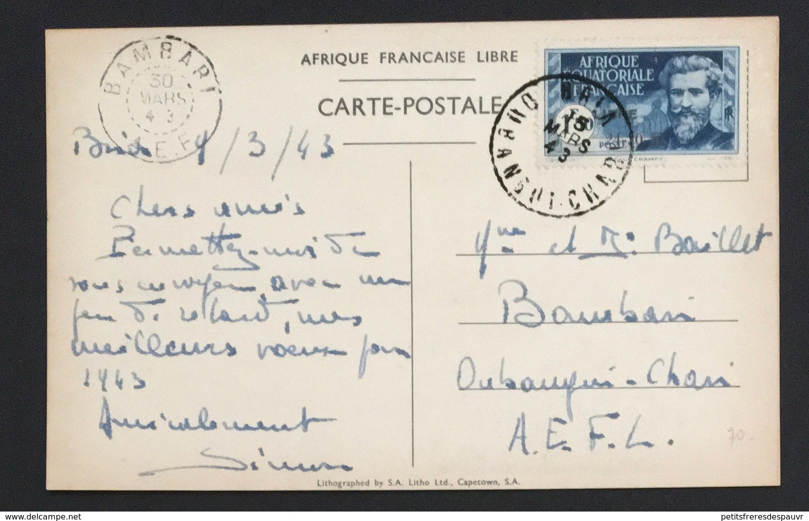 FRANCE 1943 - Yvert 140d - CP Envoyée à Bambari - Lettres & Documents