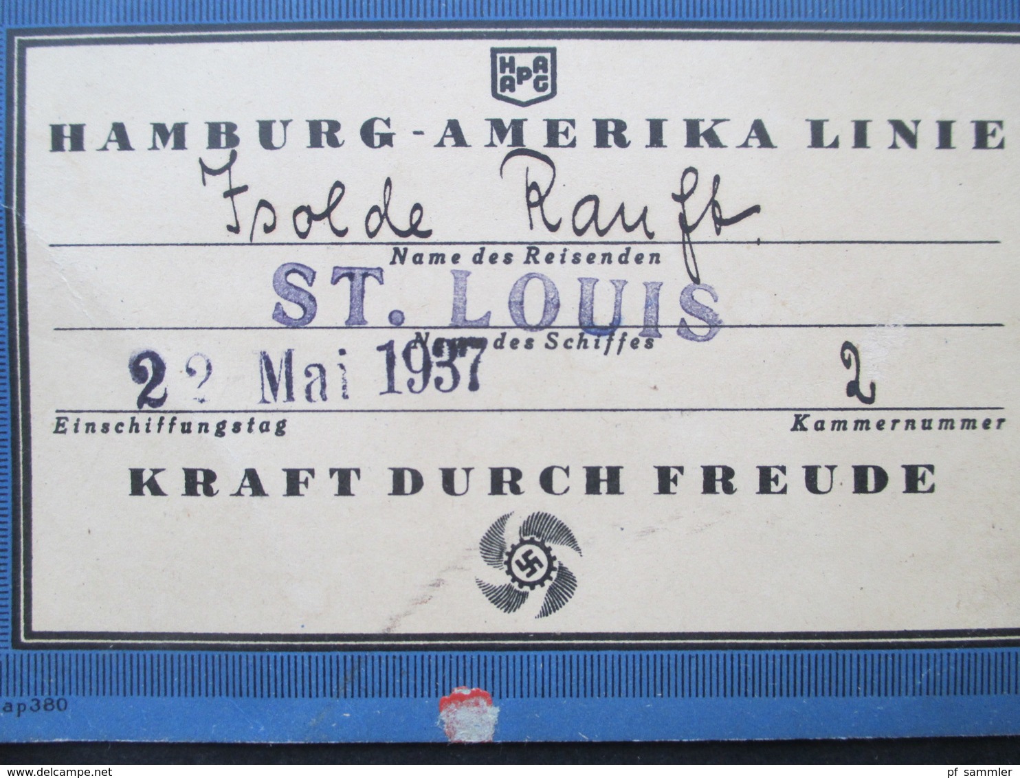 3. Reich Schiffspost Gepäckanhänger Kraft Durch Freude KDF HAPAG MS St. Louis Hamburg - Amerika Linie Nach Norwegen - Non Classificati