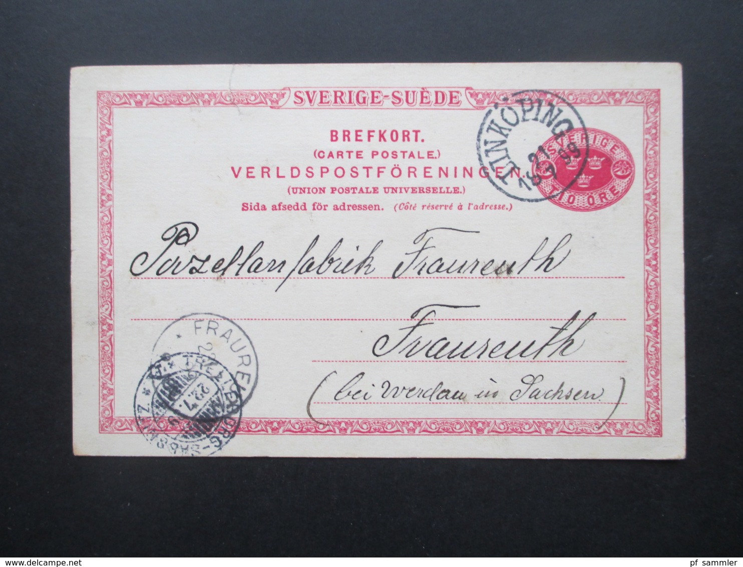 Schweden 1899 Schiffspost Linie Sassnitz - Trelleborg Mit Stempel Vom 22.7.1899 Fährverbindung Porzellanfabrik Fraureuth - Covers & Documents