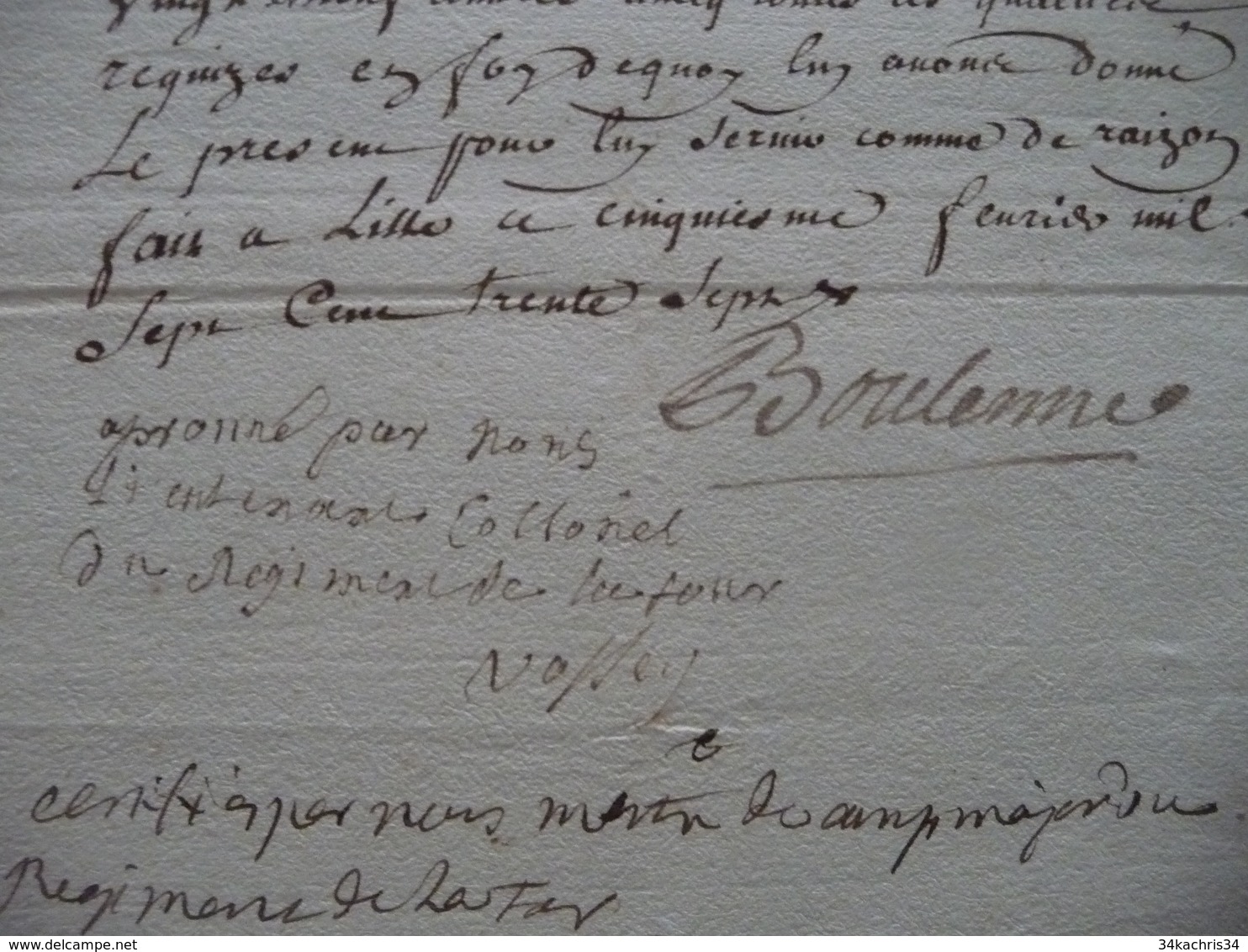 Pièce Signée Régiment De Cavalerie De Latour Boulenne 1737 Certification Jean Collé Dit Desbarre - Documents