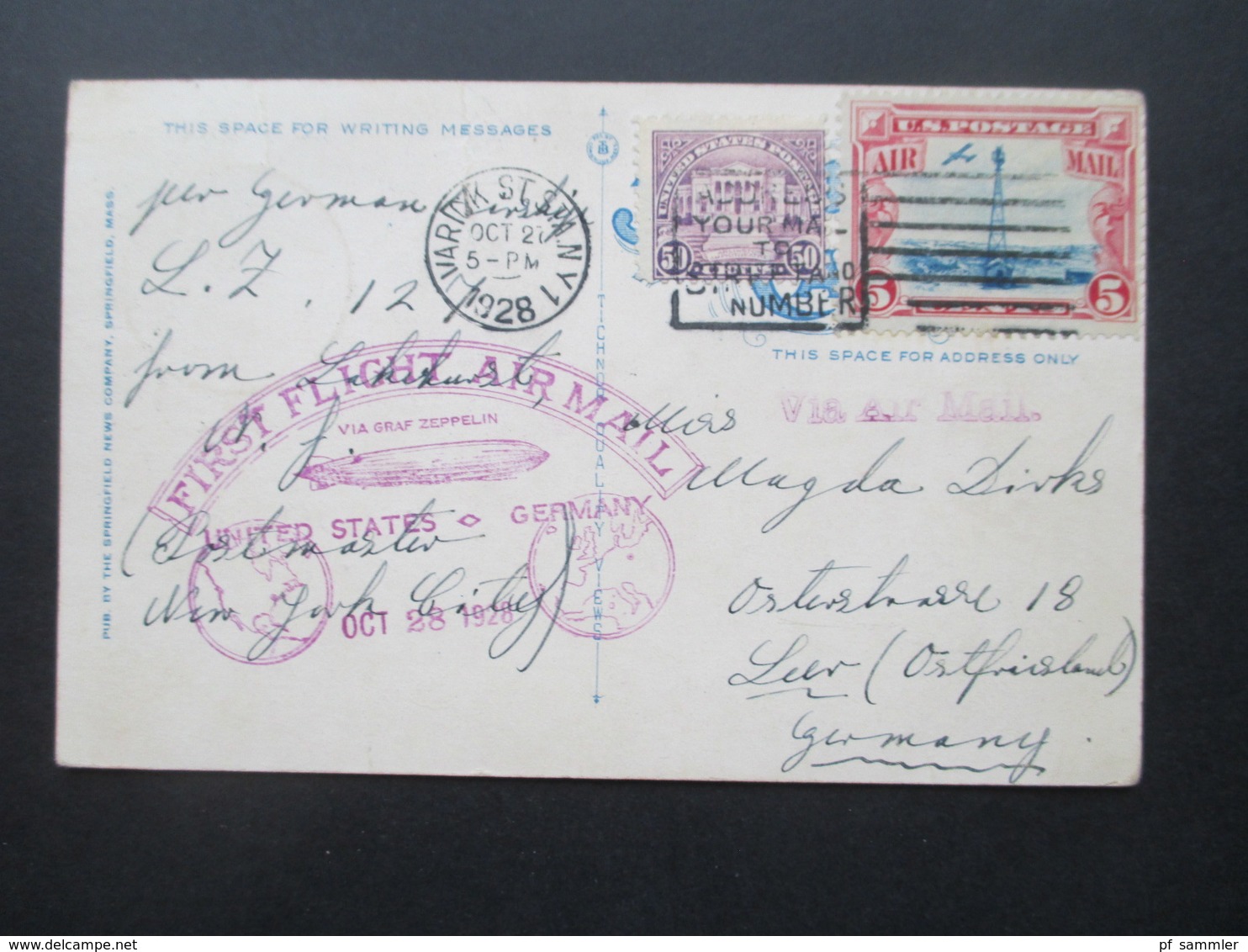 USA 1928 Zeppelin Karte First Flight Air Mail Via Graf Zeppelin LZ 127 Nach Leer Ostfreisland Ak Stempel Friedrichshafen - Lettres & Documents