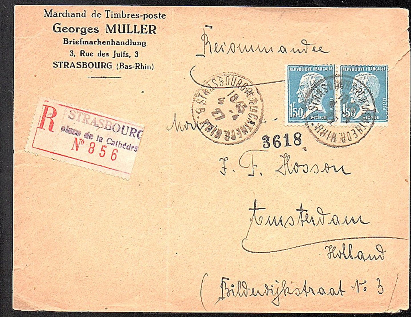 1927 Georges Muller Briefmarkenhandlung 3 Rue Des Juifs Strasbourg-la-Cathedral > Amsterdam Holland (915) - 1922-26 Pasteur