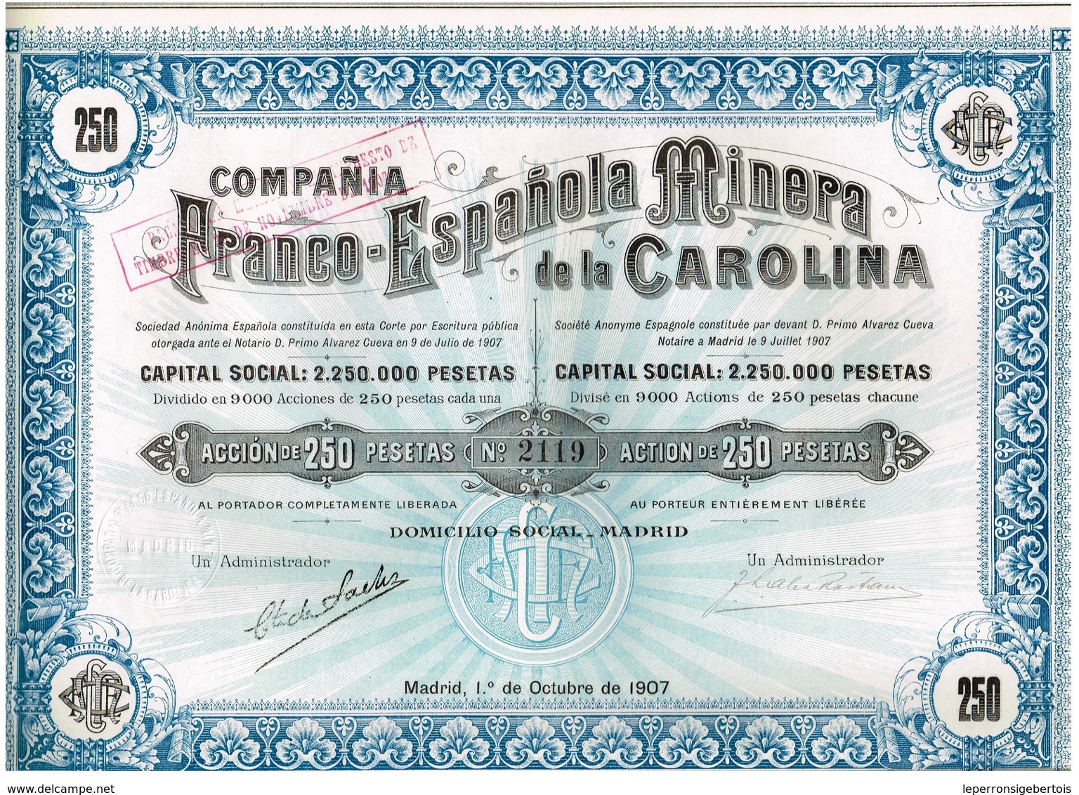 Titre Ancien - Compañia Franco-Epañola De La Carolina - Sociedad Anonima - Titulo De 1907 - Mines