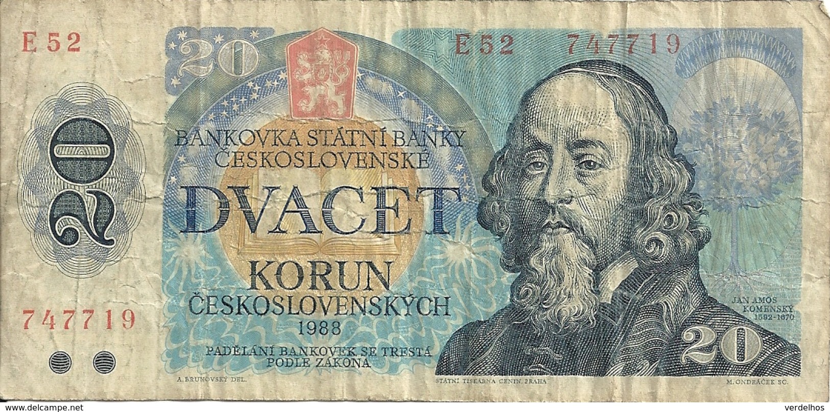 TCHECOSLOVAQUIE 20 KORUN 1988 VG+ P 95 - Cecoslovacchia