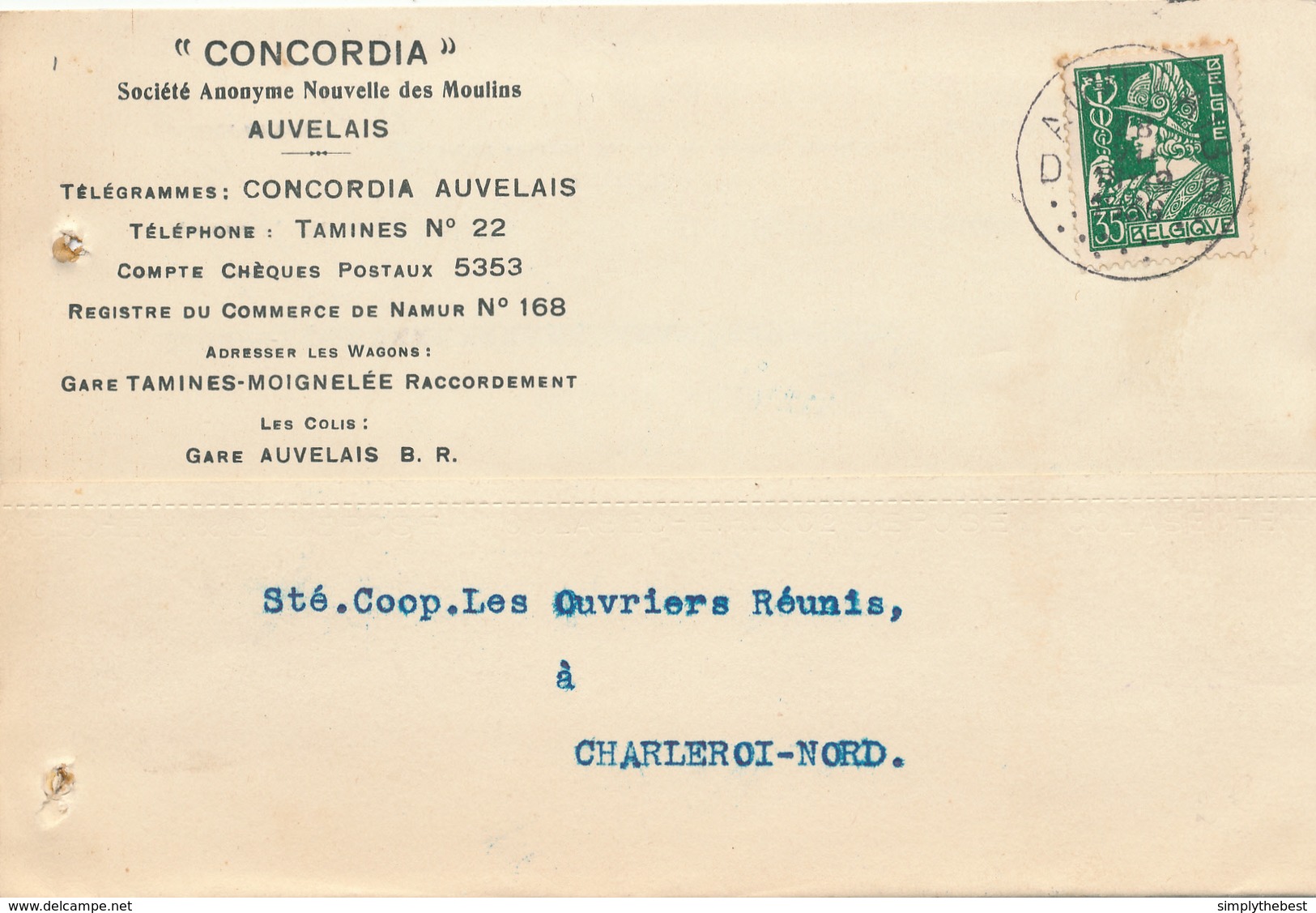 599/30 - Carte Privée TP Mercure AUVELAIS 1936 - Entete S.A. Des Moulins Concordia - Gare Tamines-Moignelée - 1932 Ceres And Mercurius