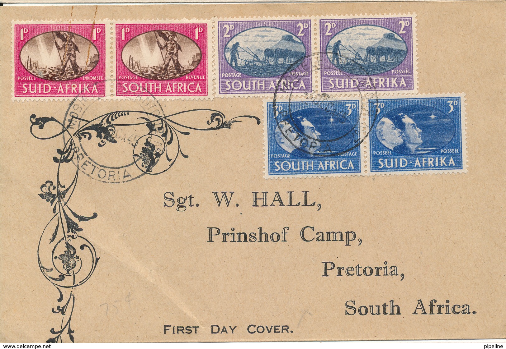 South Africa FDC 3-12-1945 Victory Set Of 3 In 3 Pairs On Cover Sent To Pretoria (the Cocer Is Light Bended In The Left - FDC