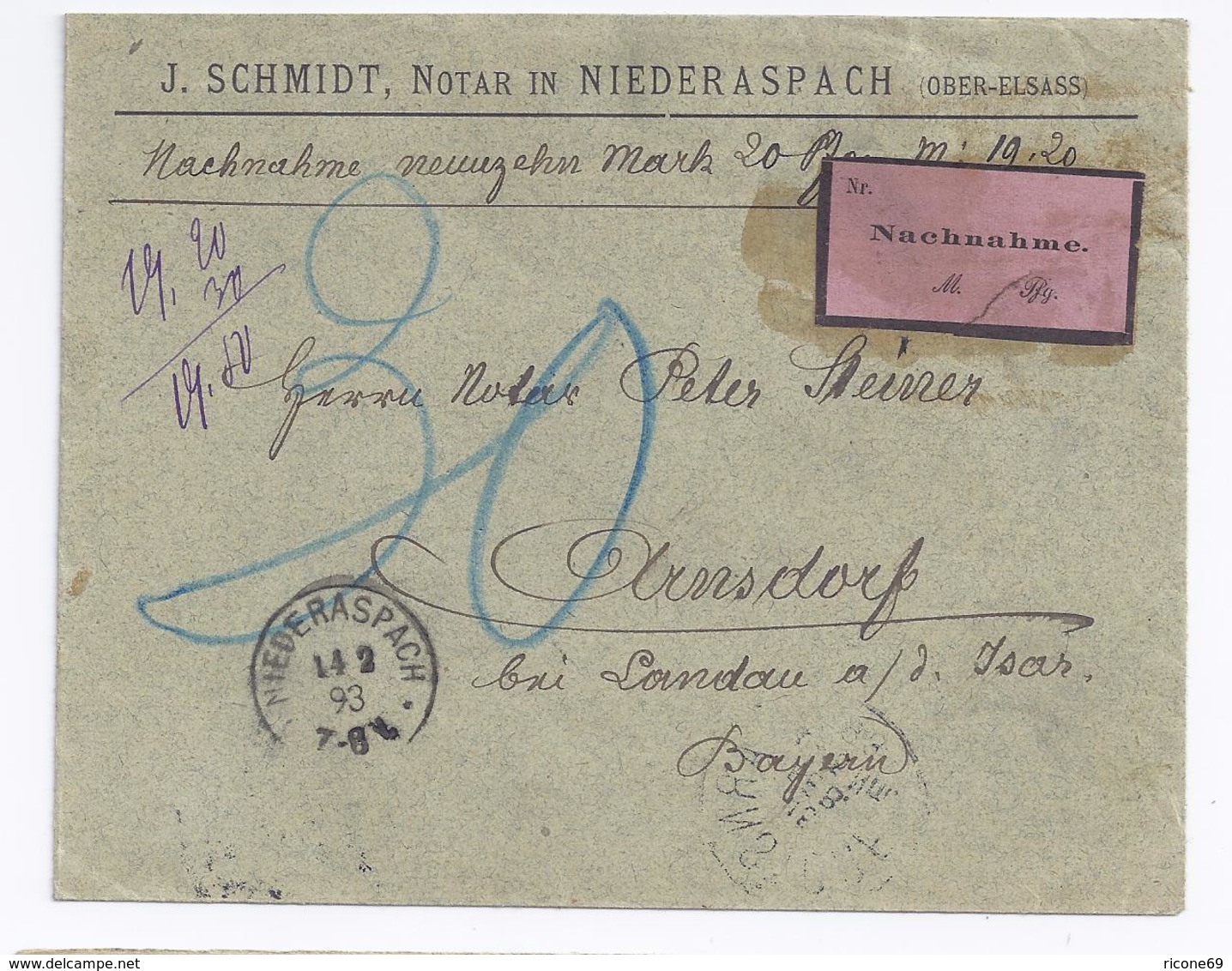 DR Frankreich 1893, Nachnahme Brief V. Niederaspach Elsass N. Bayern. #1401 - Sonstige & Ohne Zuordnung