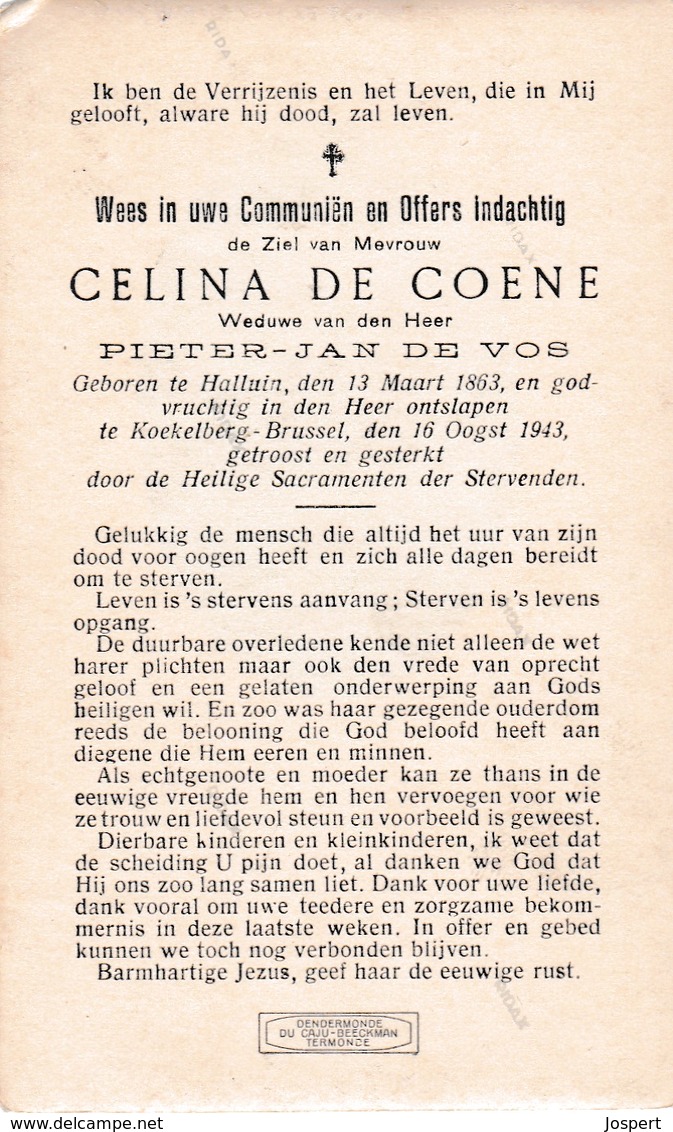 Halluin, Koekelberg, 1943, Celina De Coene, De Vos - Images Religieuses