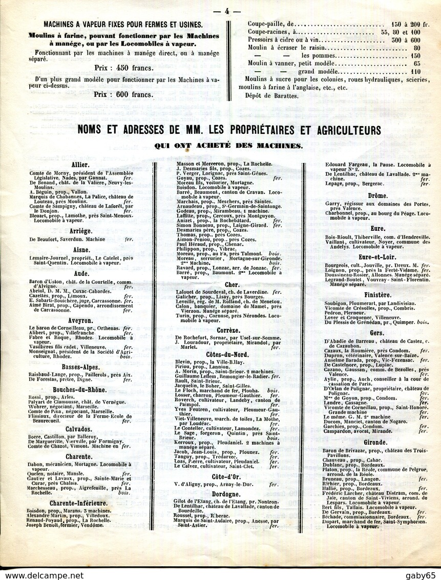 44.NANTES.DOC.TARIF.MACHINES LOCOMOBILES A VAPEUR & A MANEGE POUR BATTRE LE GRAIN.LOTZ FILS AINE.1856. - Agriculture