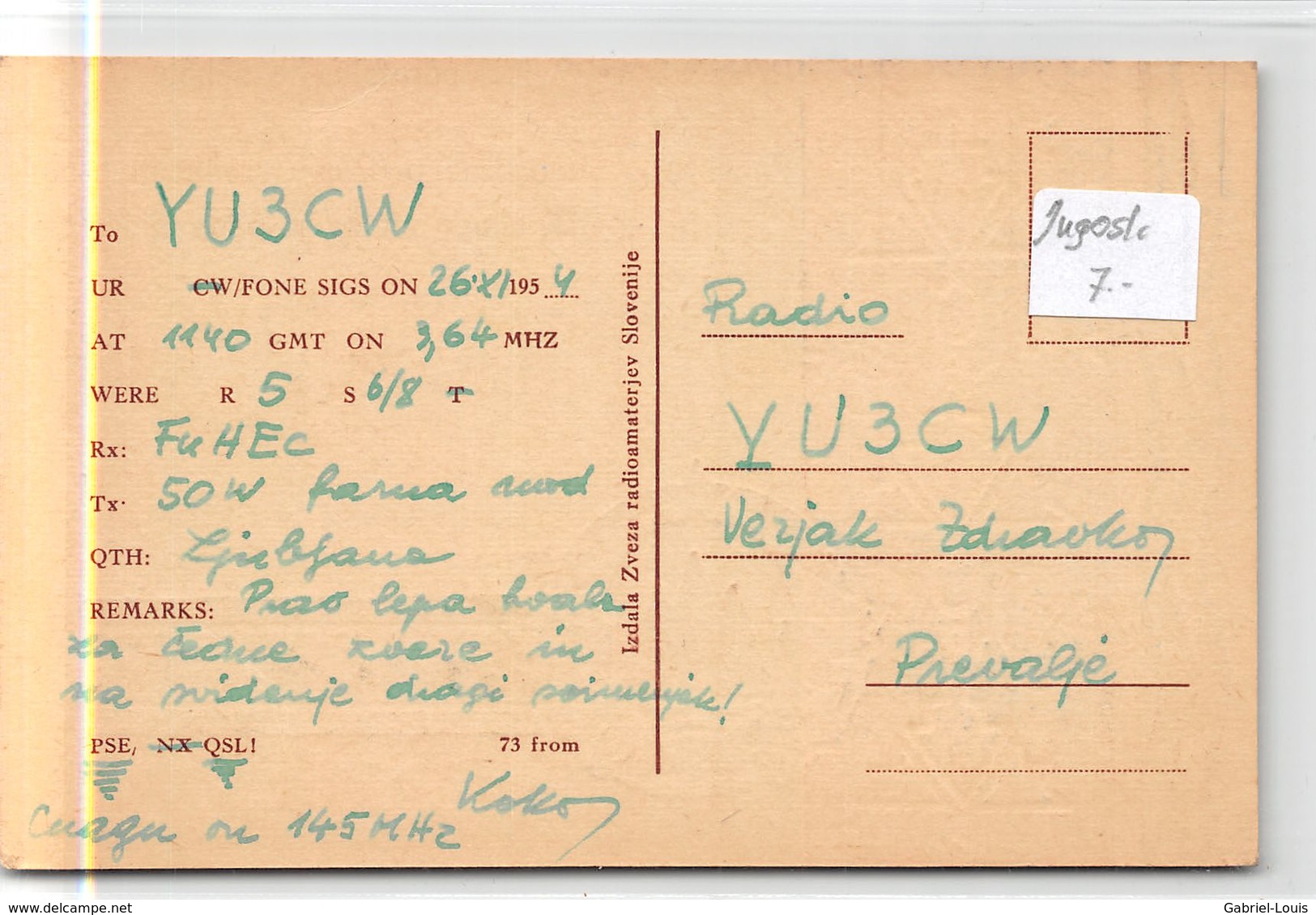 QSL Cards - YU3EN - YU 3 EN - Yugoslavia  - Slovenija  - Izdala Zveza - - Radio Amateur