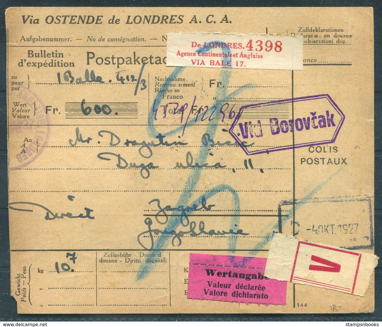 1927 Zagreb Parcelcard.Continental Express Ltd, London. Switzerland Bale, Agence Continentale Et Anglaise,Value Declared - Covers & Documents