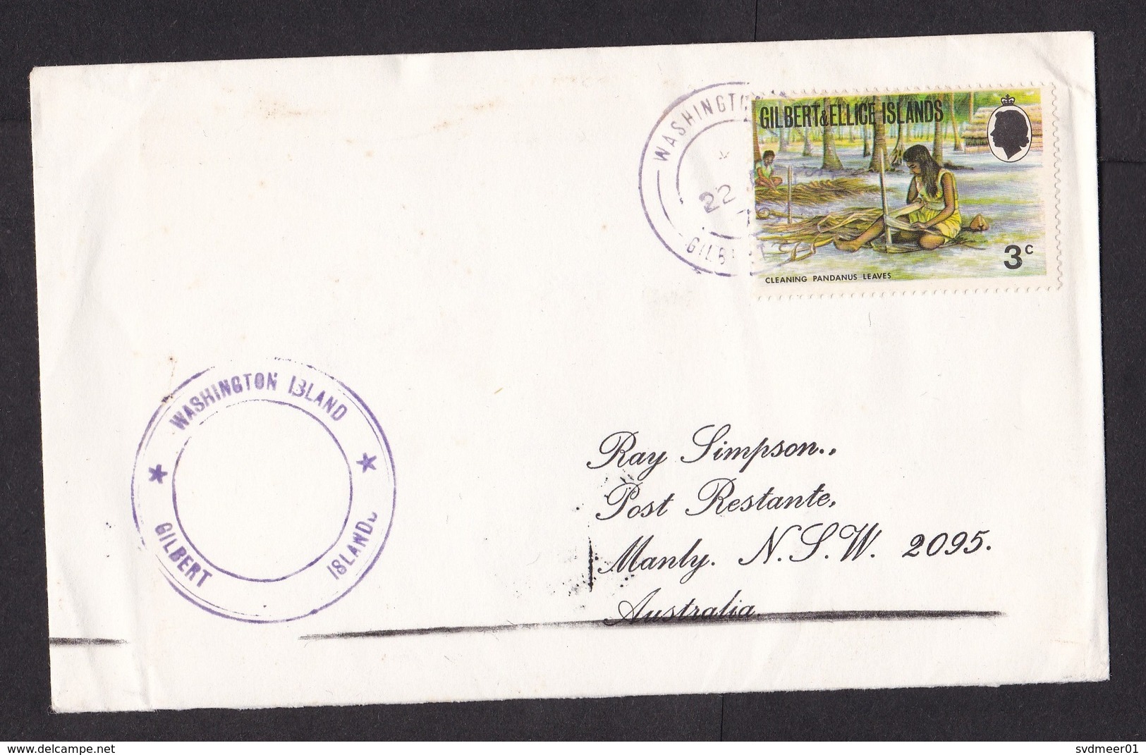 Gilbert & Ellice Islands: Cover To Australia, 1976, 1 Stamp, Lady, Leaves, Cancel Washington Island (minor Damage) - Îles Gilbert Et Ellice (...-1979)