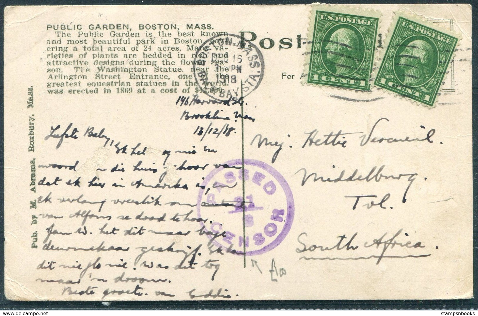 1918 USA Boston Postcard - Middelburg Transvaal, South Africa. Censor - Covers & Documents