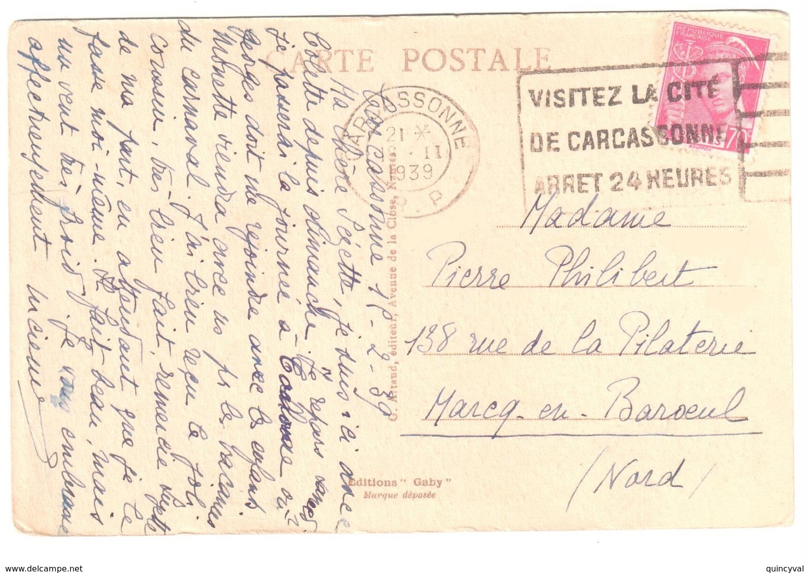 CARCASONNE RP Carte Postale Ob Meca CAR254 1939 70c Mercure Yv 416 - 1938-42 Mercure