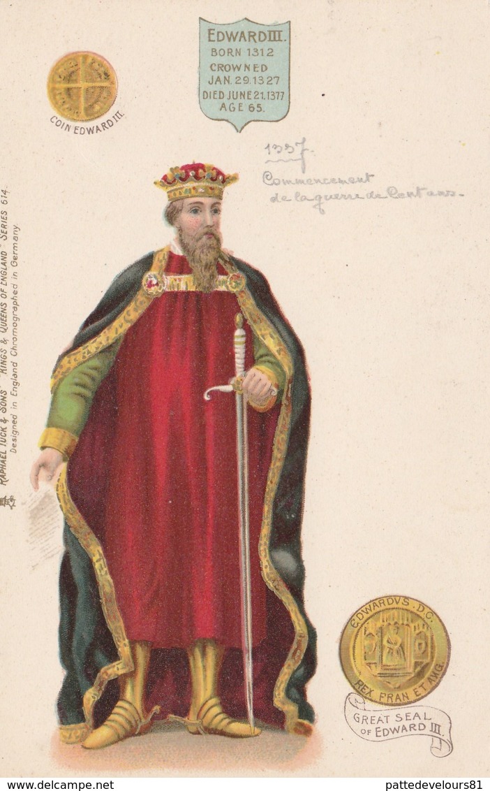 CPA Lithographiée King Of England Roi D' Angleterre Pièce Coin Sceau Royauté Royalty EDWARD III  Illustrateur 2 Scans - Royal Families