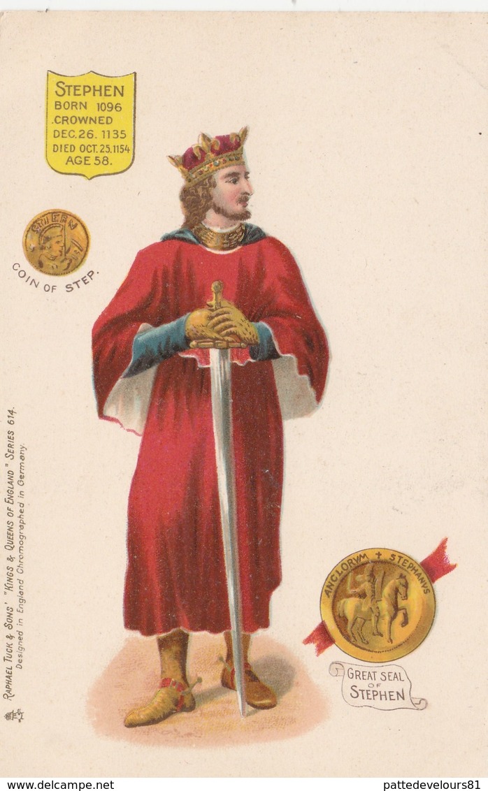 CPA Lithographiée King Of England Roi D' Angleterre Pièce Coin Sceau Royauté Royalty STEPHEN  Illustrateur 2 Scans - Familles Royales