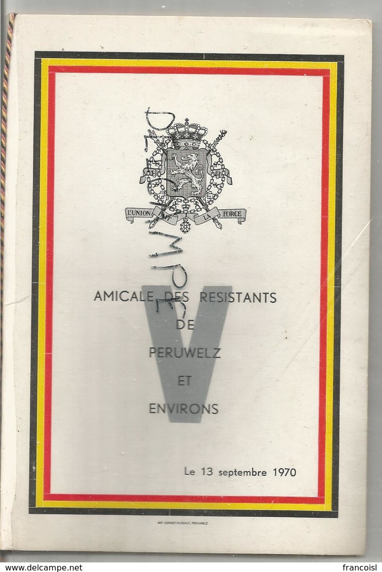 Amicale Des Résistants De Péruwelz Et Environs Le 13 Septembre 1970 - Menus