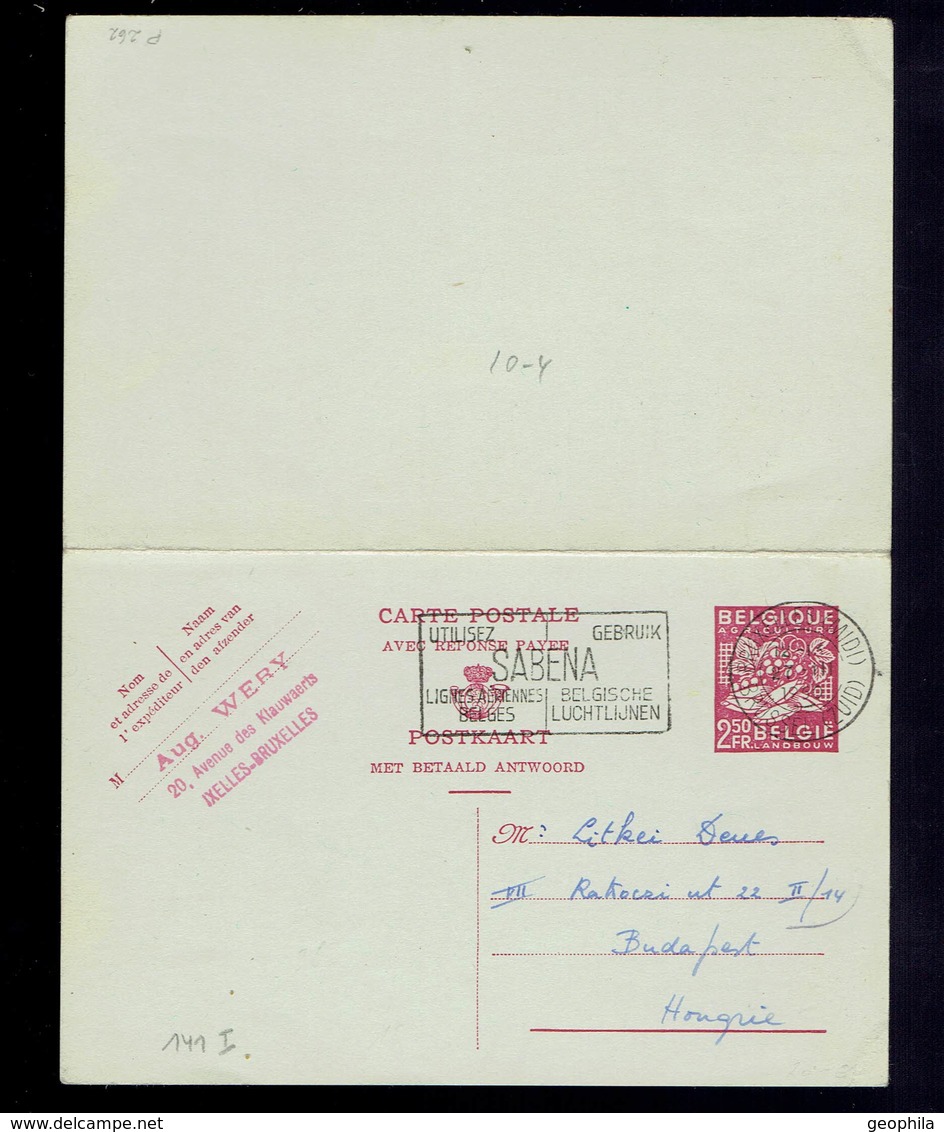 CP 141 I De Bilingue Bruxelles ( Midi ) 27 III 1950 ( Flamme SABENA ) Vers Budapest Hongrie Coté Réponse Pas Utilisé - Cartes Postales 1934-1951