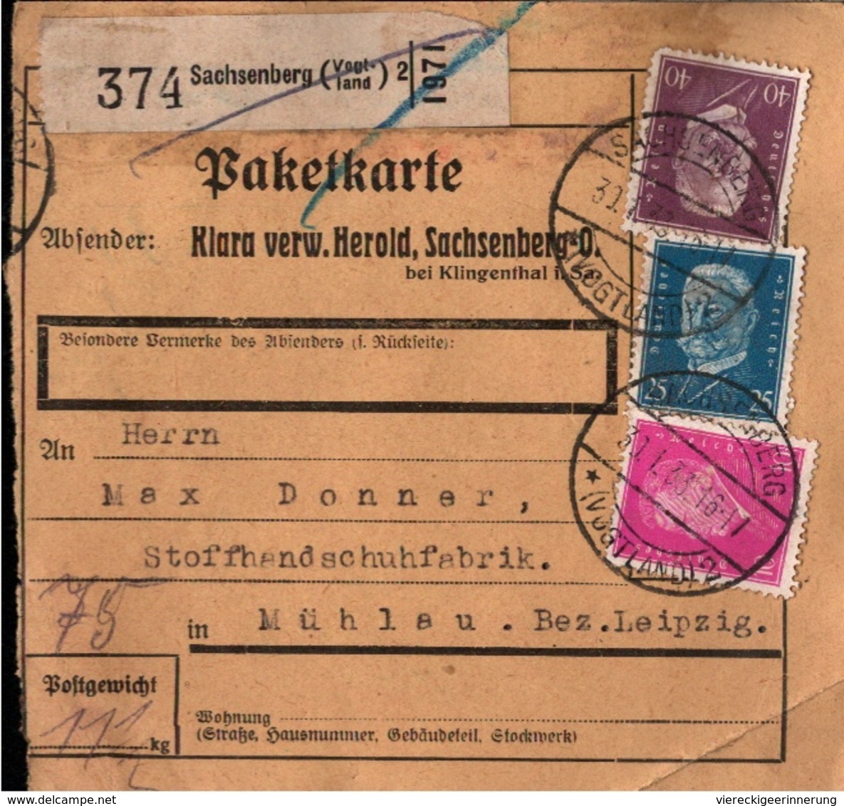 ! 1933 Paketkarte Deutsches Reich, Sachsenberg Im Vogtland - Briefe U. Dokumente