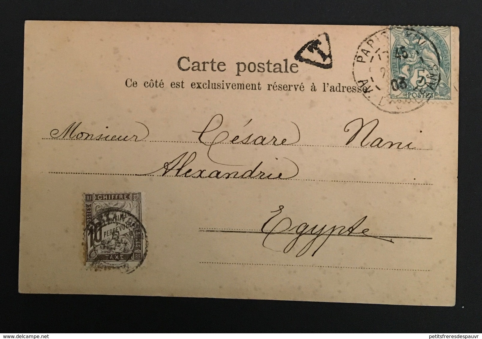 FRANCE 1903 - YT111 Sur CP Taxée Pour Alexandrie - 1877-1920: Période Semi Moderne