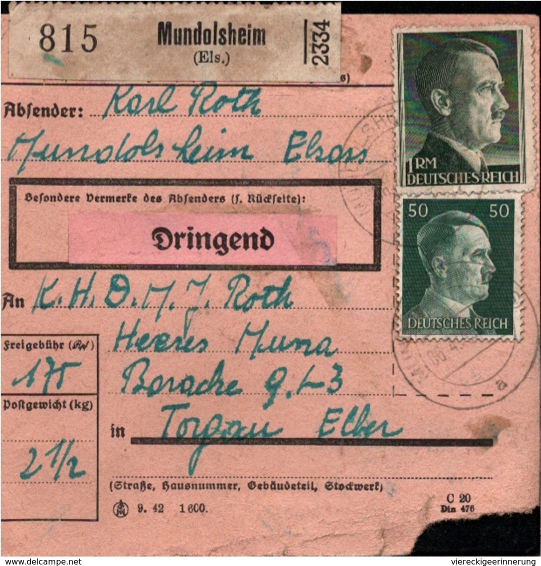 ! 1943 Paketkarte Deutsches Reich, Mundolsheim, Elsass, Torgau - Autres & Non Classés