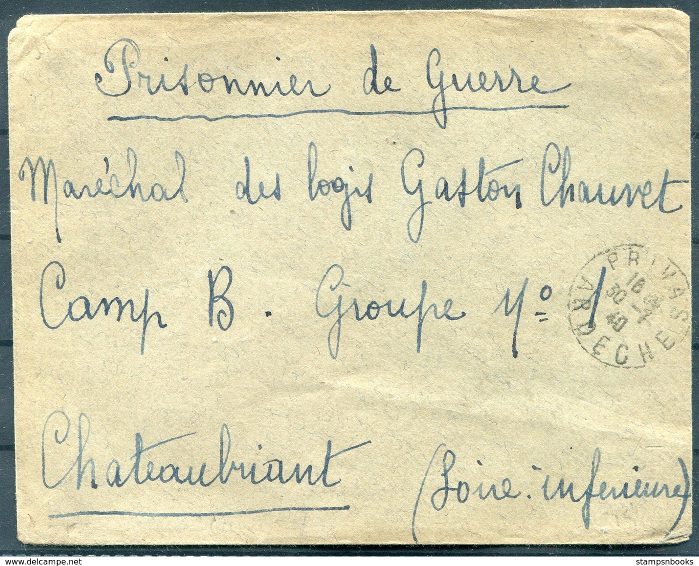 1940 France Privas (Ardeche) Cover - Prisoner Of War, POW Camp B, Châteaubriant. - Covers & Documents