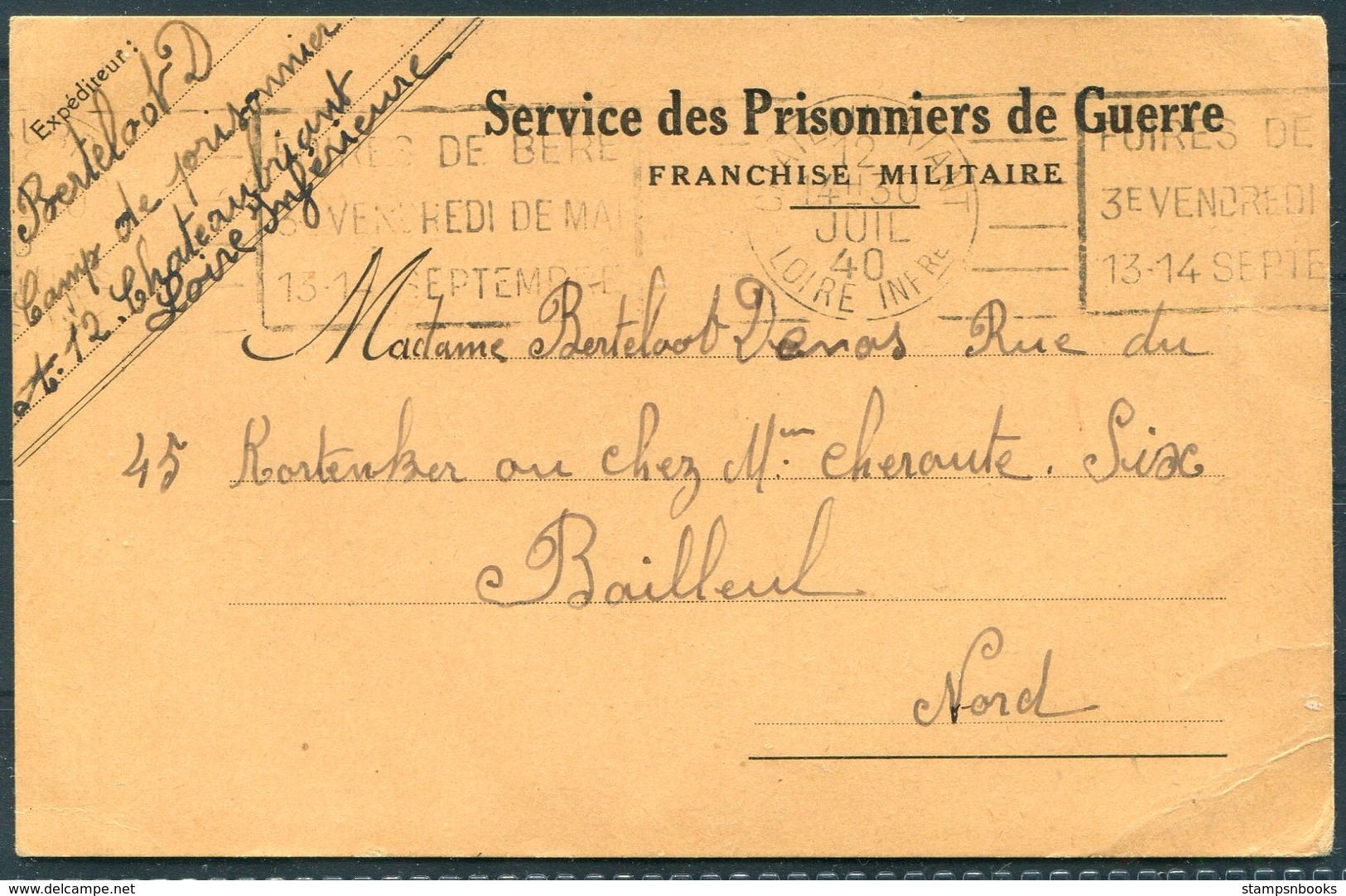 1940 France Prisoner Of War, POW Camp D Châteaubriant, Service Des Prisonniers De Guerre, Franchise Militare Postcard - Covers & Documents