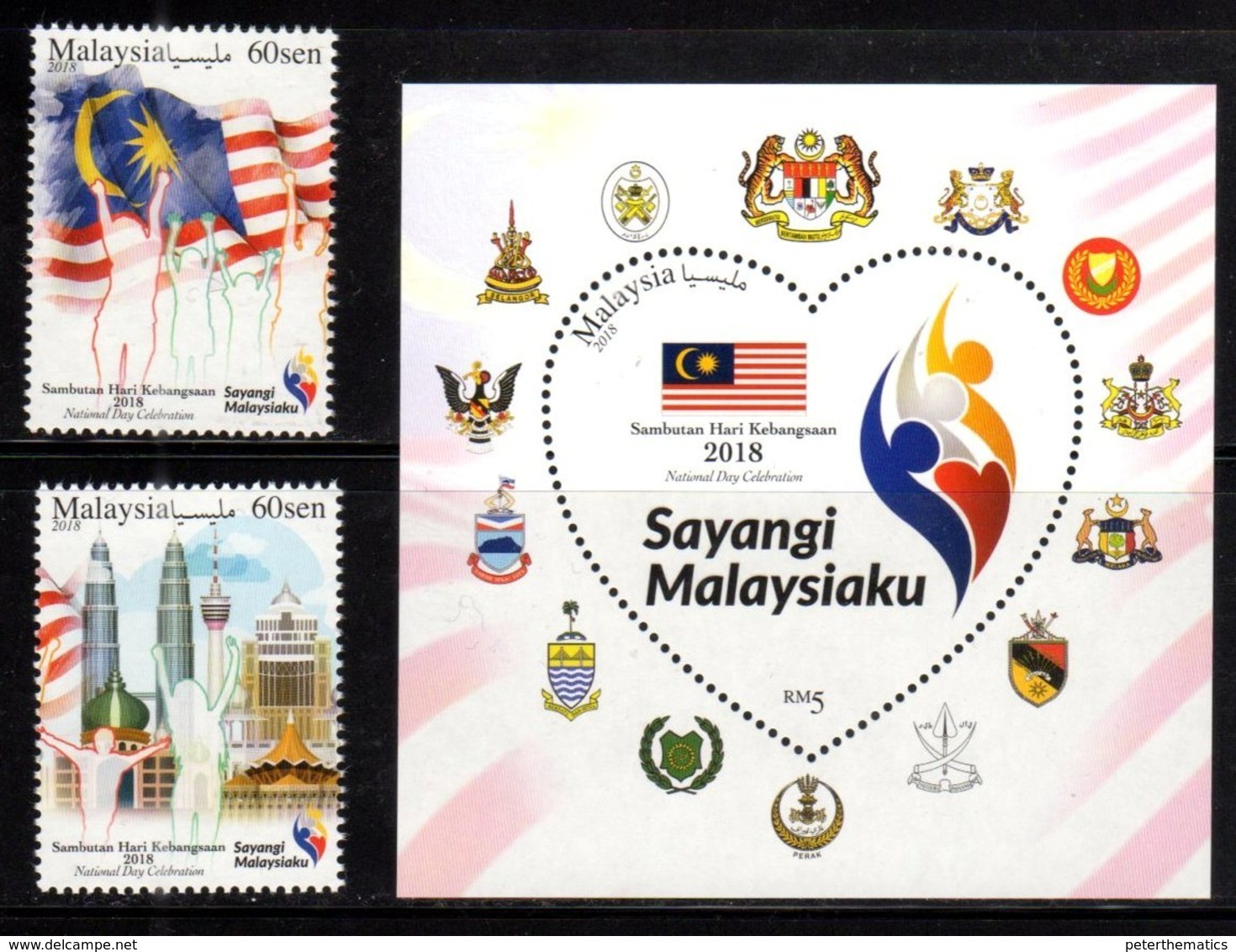 MALAYSIA, 2018, MNH, NATIONAL DAY, PETRONAS TOWERS, COAT OF ARMS, FLAGS,  2v+S/SHEET - Other & Unclassified