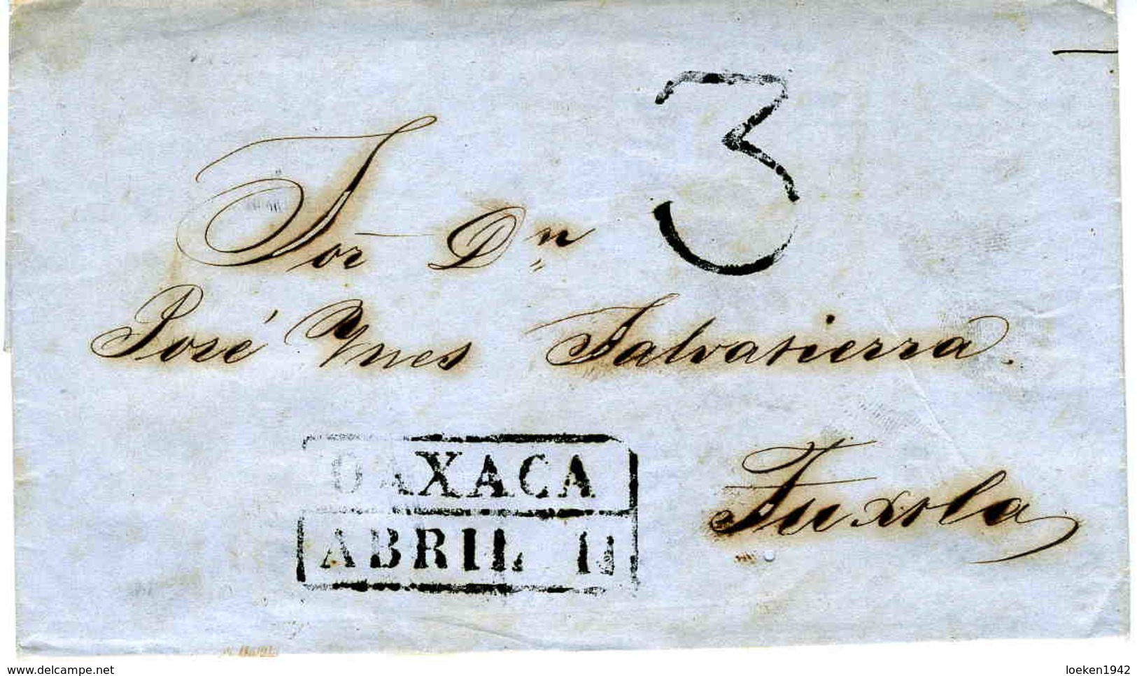 MEXICO  1850   OAXACA  To TUXLA Stampless Entire Letter PRE39 - Mexico