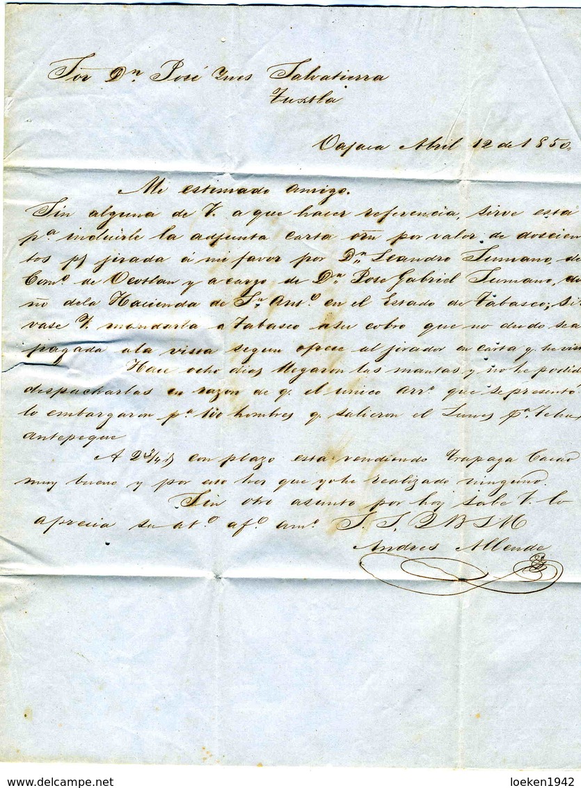 MEXICO  1850   OAXACA  To TUXLA Stampless Entire Letter PRE39 - Mexico