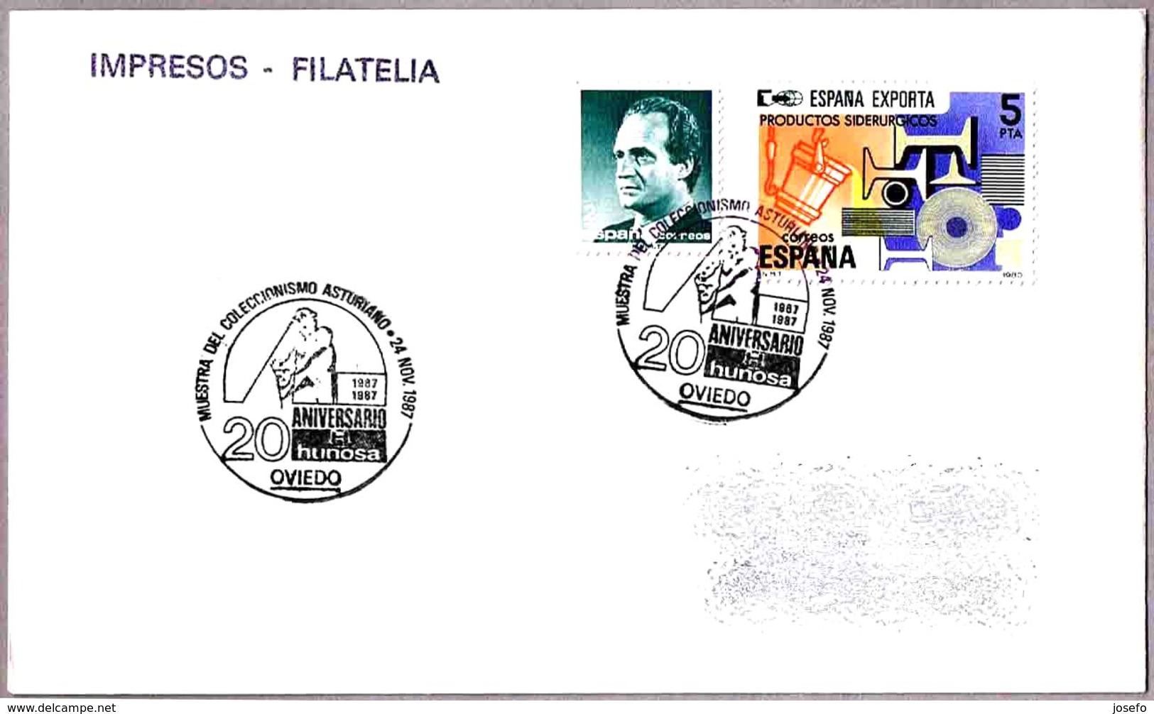 Matasellos 20 ANIVERSARIO DE HUNOSA. Oviedo, Asturias, 1987 - Cartas & Documentos