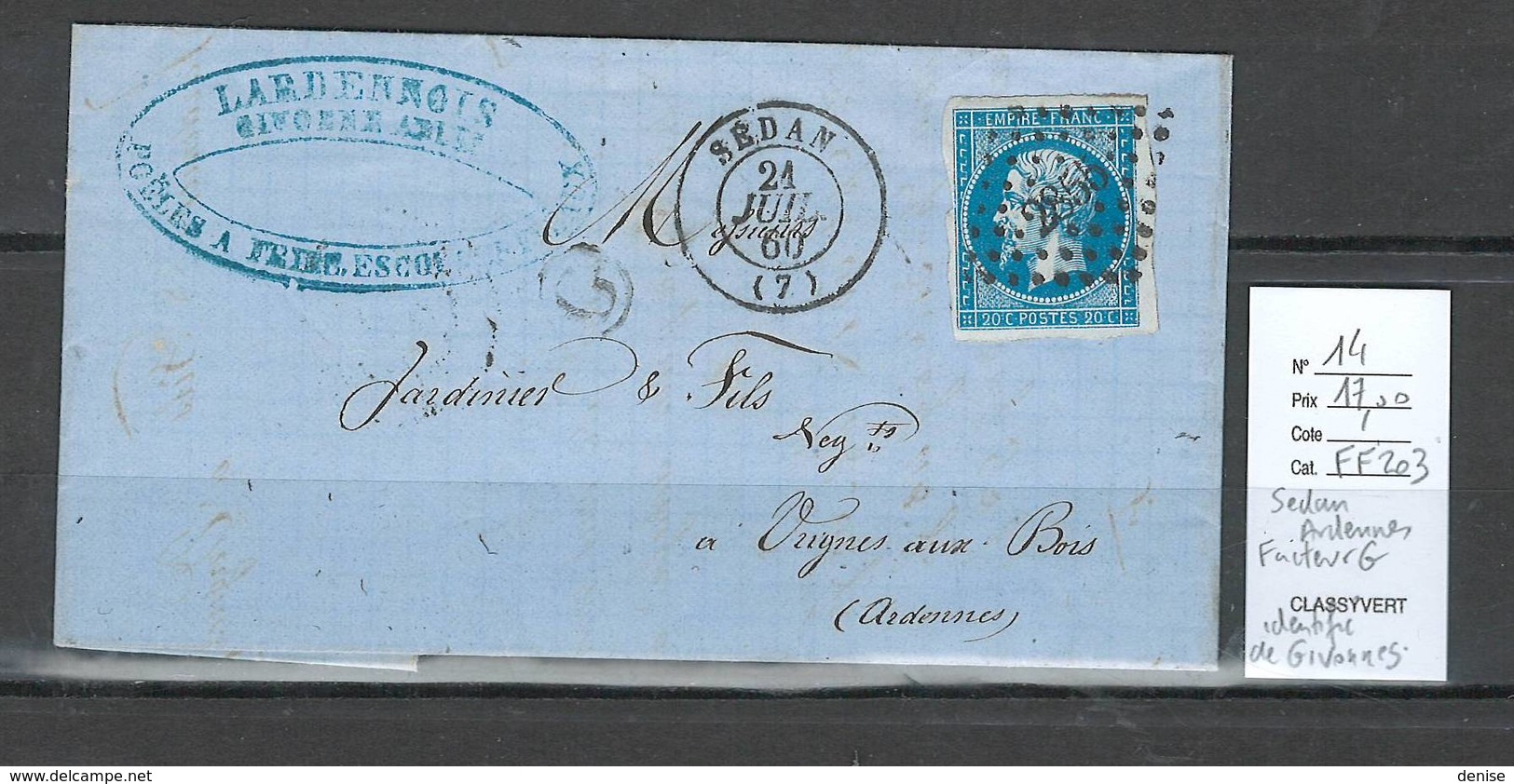 France -Lettre  Yvert 14 - Sedan - Ardennes - Facteur G - IDENTIFIE DE GIVONNE - 1849-1876: Période Classique