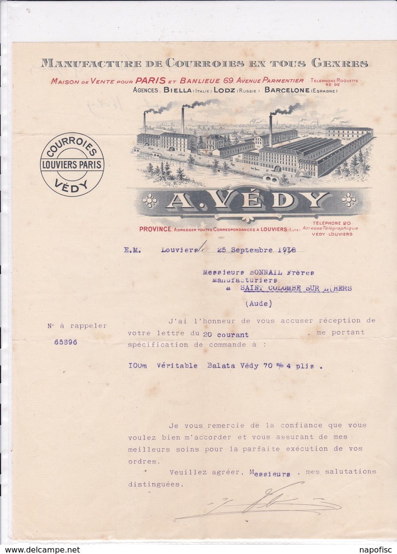 27-A.Védy..Manufacture De Courroies..Louviers..(Eure)...1918 - Altri & Non Classificati