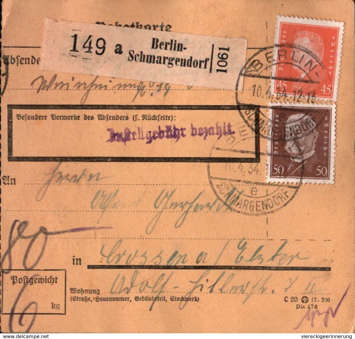 ! 1934 Paketkarte Deutsches Reich, Berlin Schmargendorf - Briefe U. Dokumente