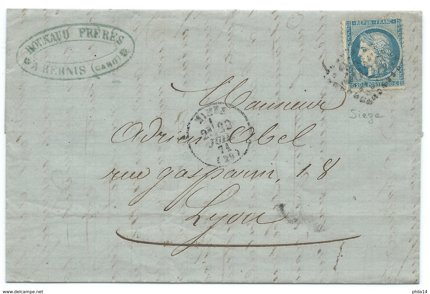 N° 37 CERES SIEGE SUR LETTRE / NIMES GARD BERNIS POUR LYON 1871 - 1877-1920: Semi Modern Period