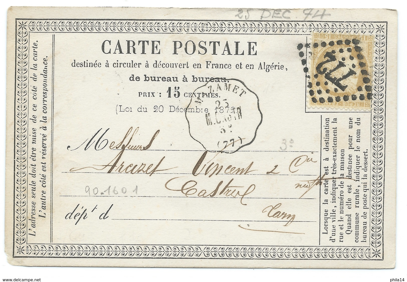 N° 55 CERES BISTRE SUR CARTE POSTALE / AMBULANT MAZAMET POUR CASTRES 1874 - 1877-1920: Période Semi Moderne