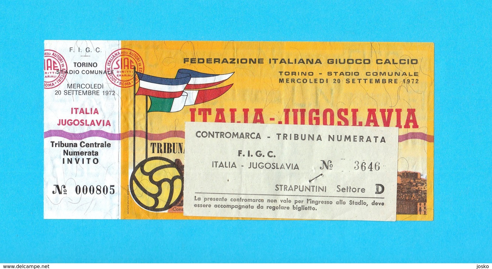 ITALY VsYUGOSLAVIA - 1972 International Football Match Ticket * Soccer Calcio Fussball Foot Futbol Billet Italia RR - Tickets D'entrée