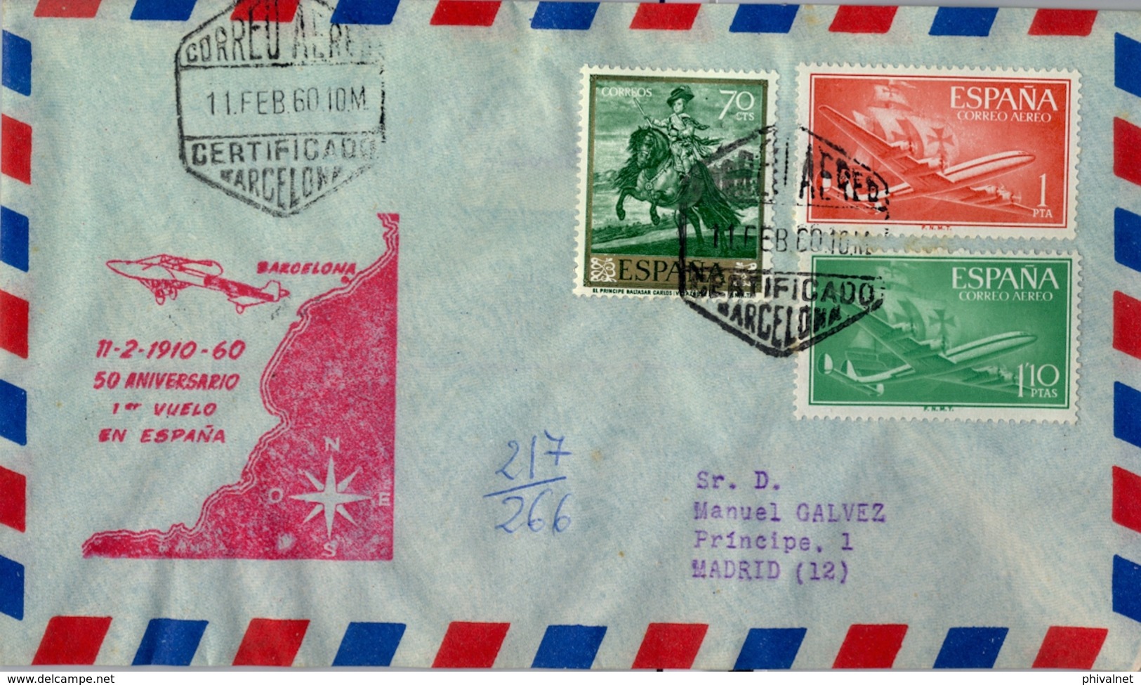 1960 , CERTIFICADO BARCELONA , 50 ANIVERSARIO PRIMER VUELO EN ESPAÑA , CORREO AÉREO - Cartas & Documentos
