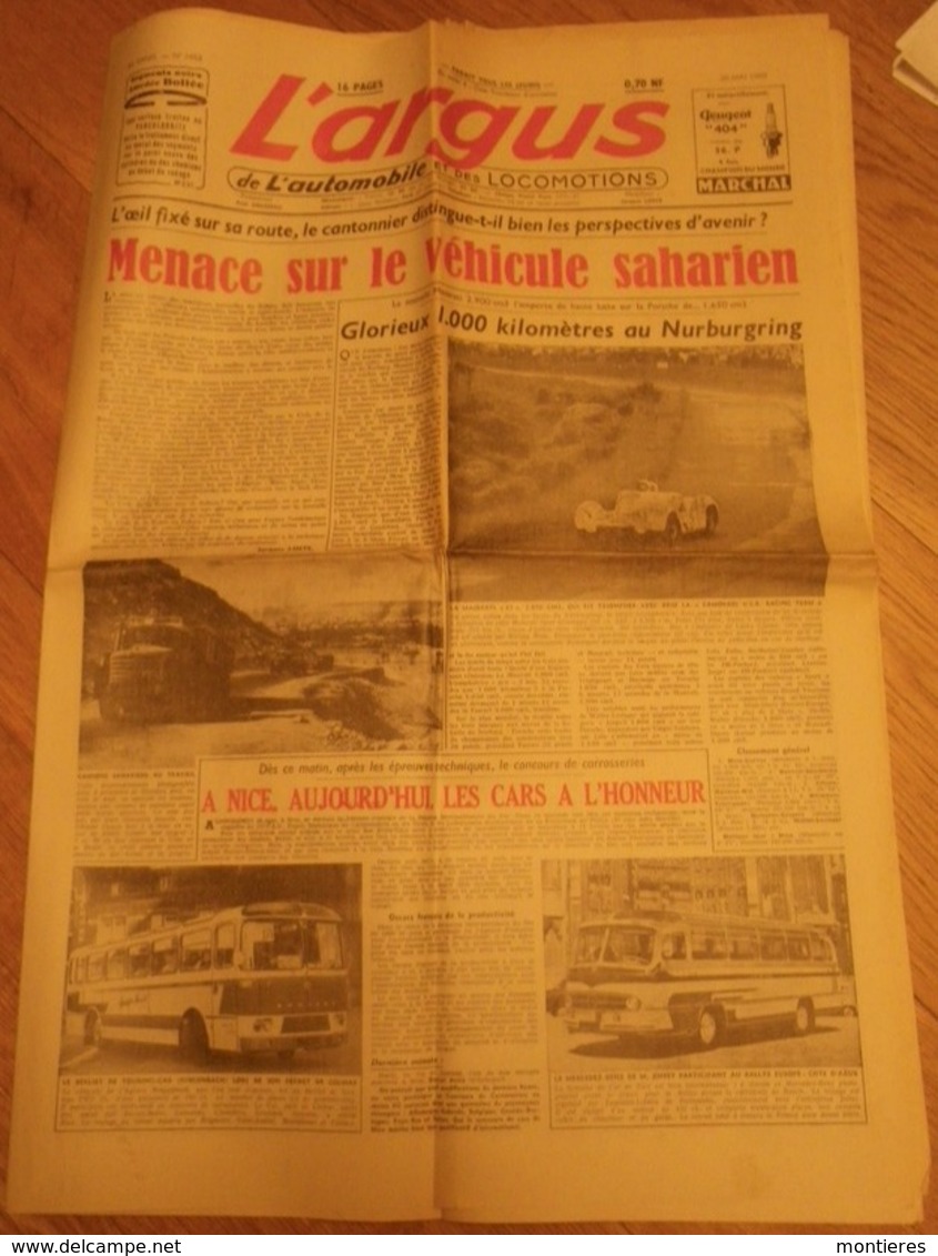 L'ARGUS 26 MAI 1960 - Menace Sur Le Véhicule Saharien - Nice Les Car à L'honneur ( BERLIET Touring Car - MERCEDES BENZ ) - 1950 à Nos Jours