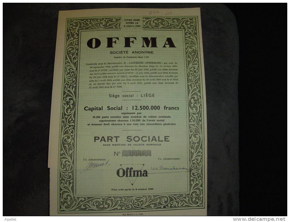 Part Sociale"OFFMA"Laiteries Offermans Liège 1951 Produits De La Ferme Très Bon état,reste Des Coupons - Agriculture